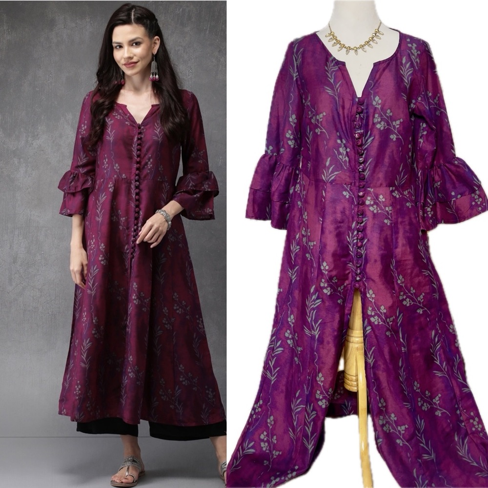 Anouk Women Burgundy Floral Print A-Line Kurta Dress